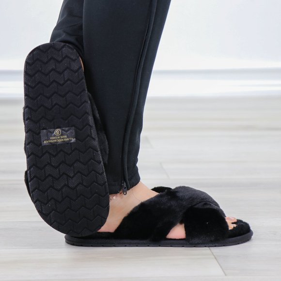 Cross Strap Black Puff Fuzzy Furry Fluffy Slip On Plush Slippers - Picture 8 of 12